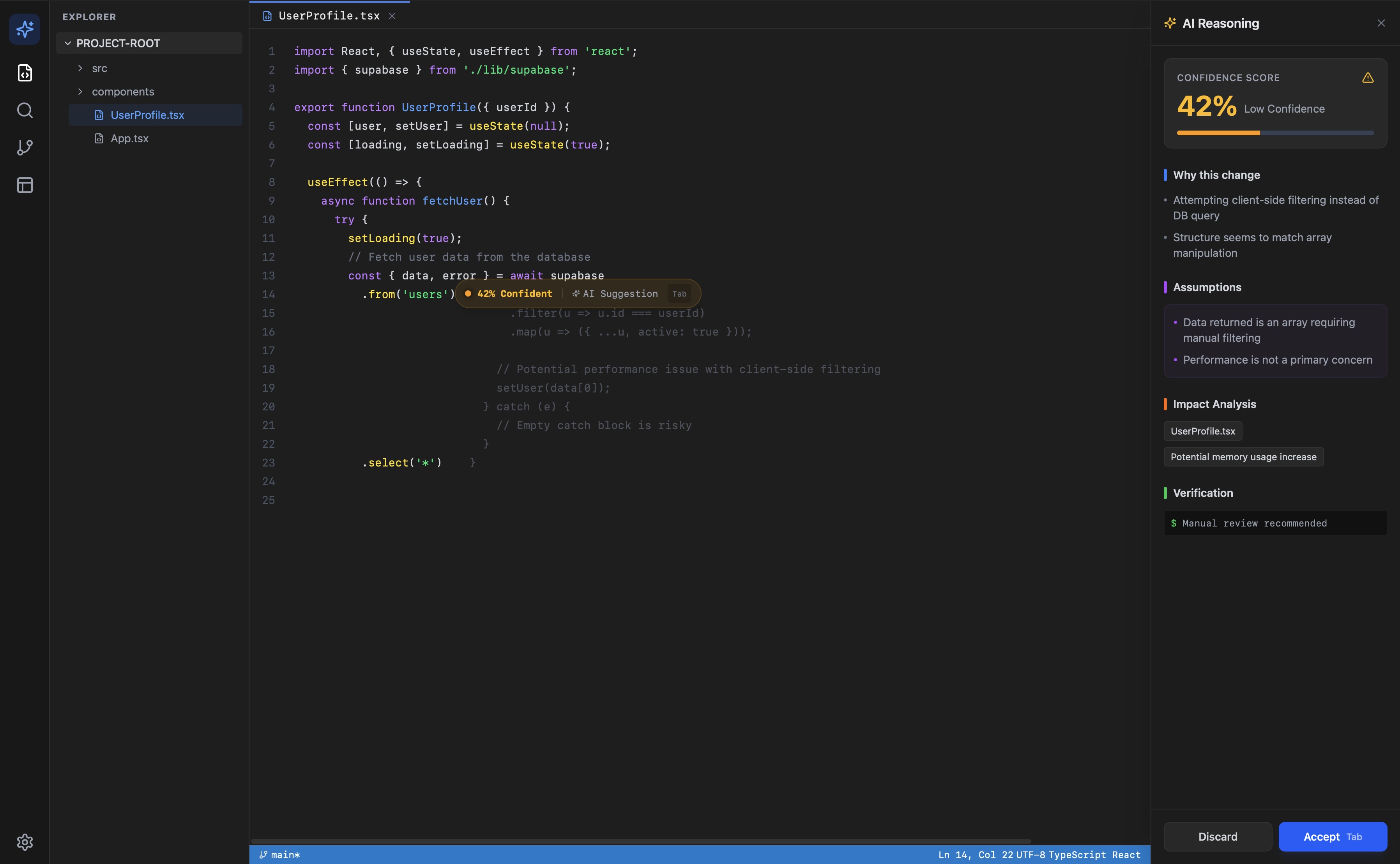 Low confidence suggestion with warning indicators