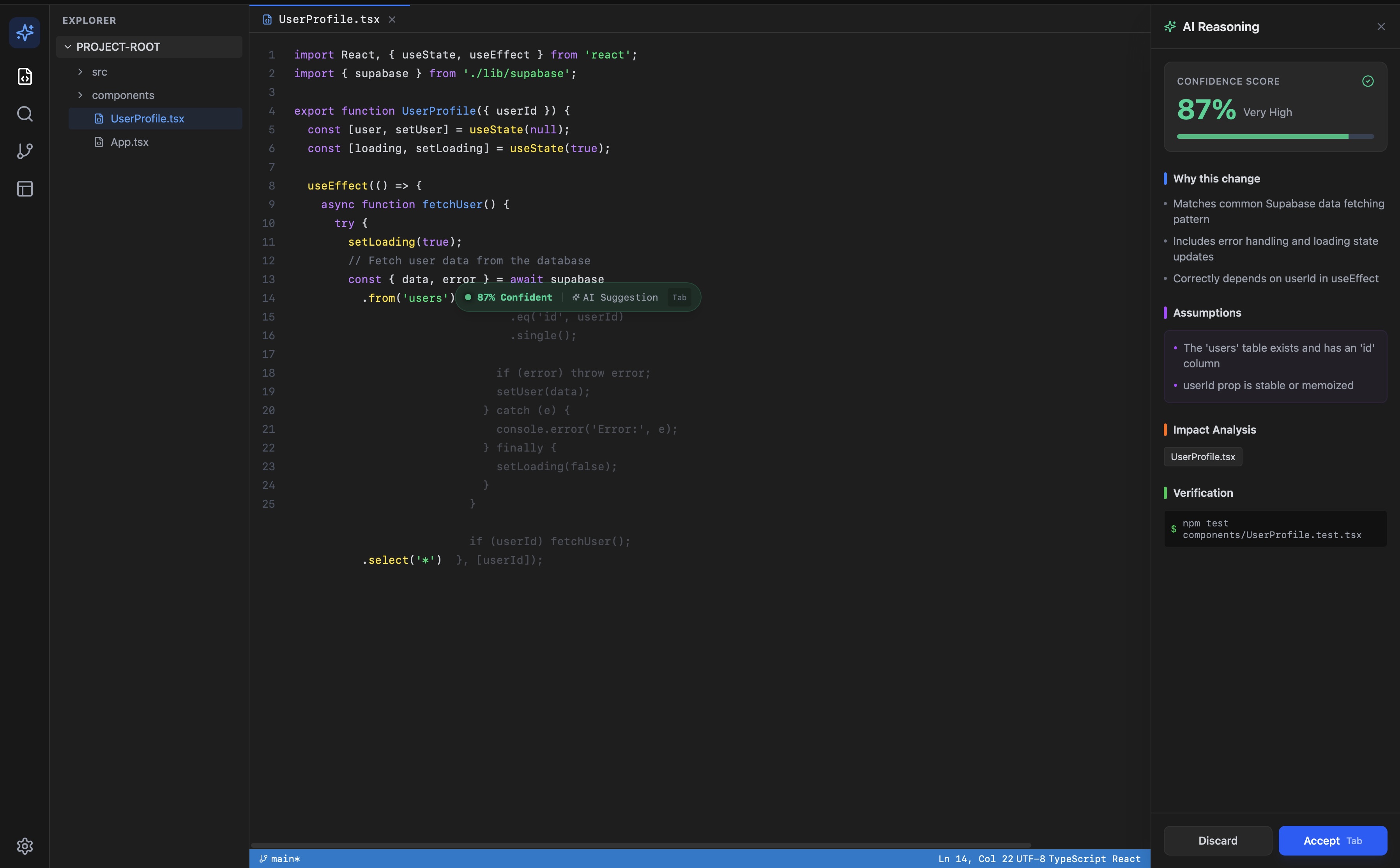 AI Reasoning side panel showing confidence score and explanations